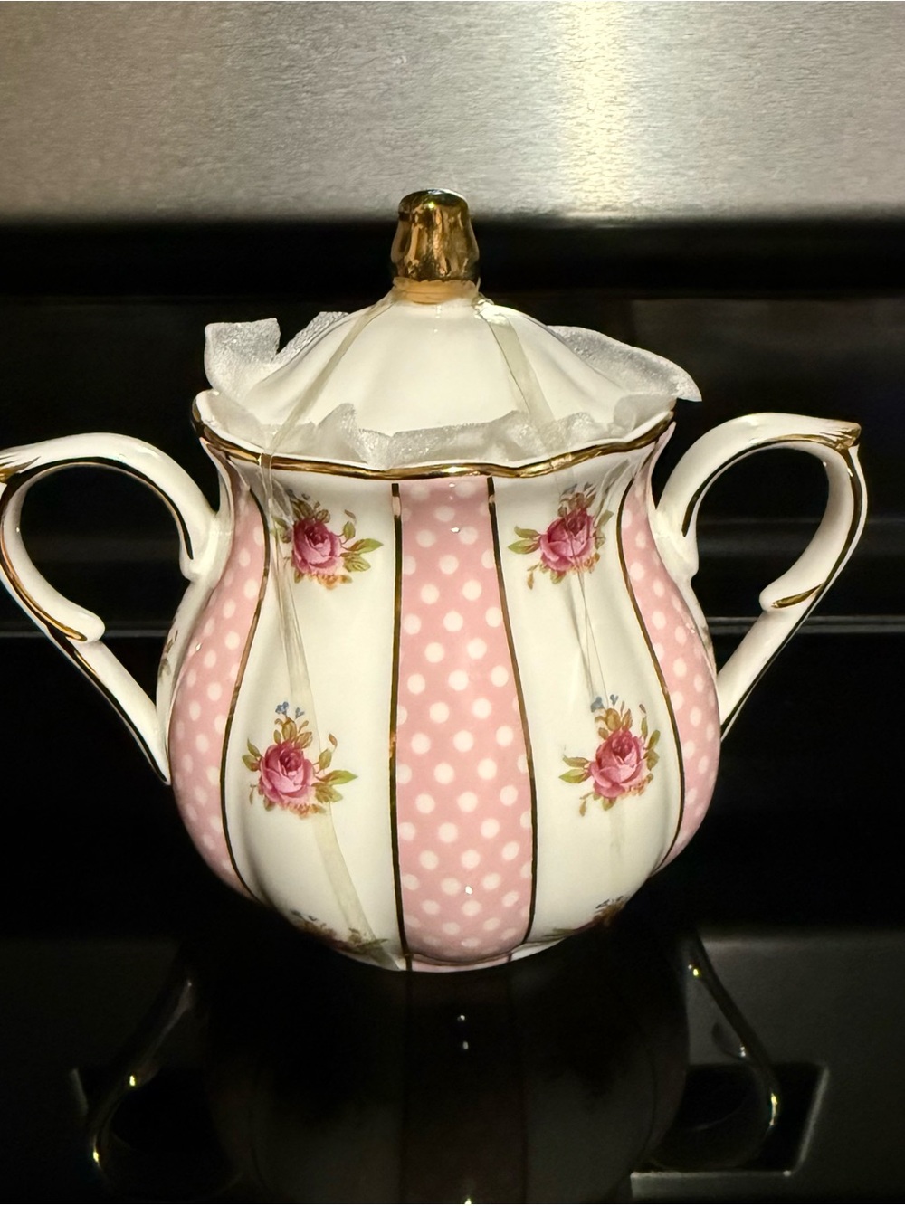 Porcelain Pink Polka Dot Floral Sugar Bowl with Gold Trim